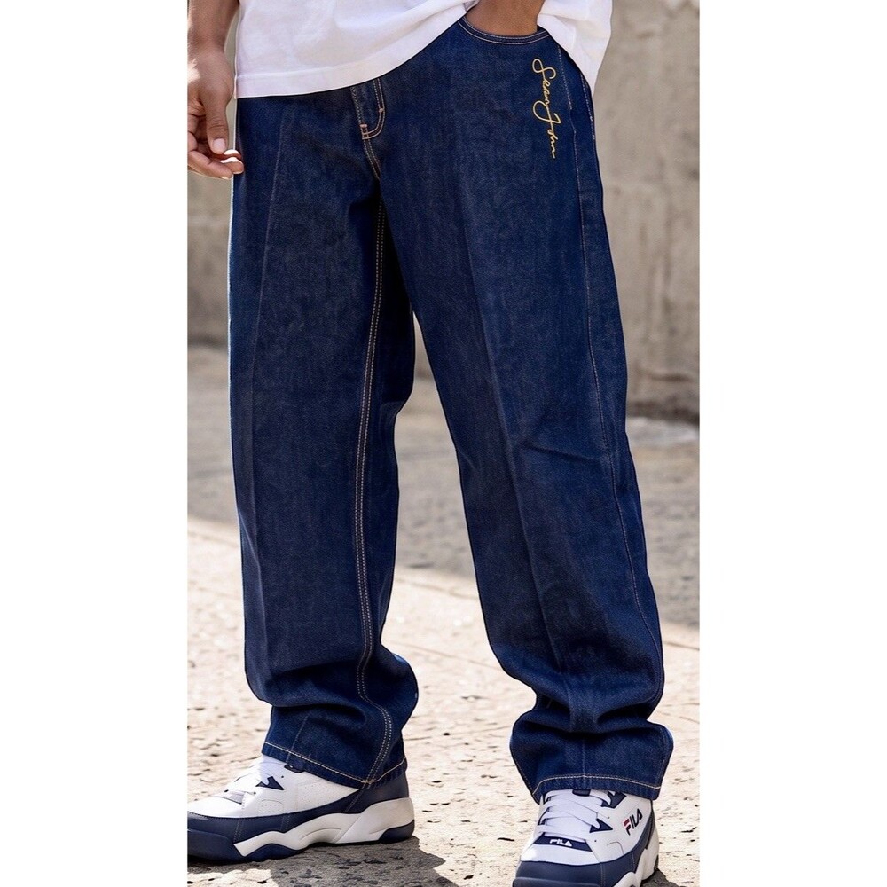 Vintage Sean John Baggy Jeans Size 36 Dark Wash Embroidered Logo Y2K 90s